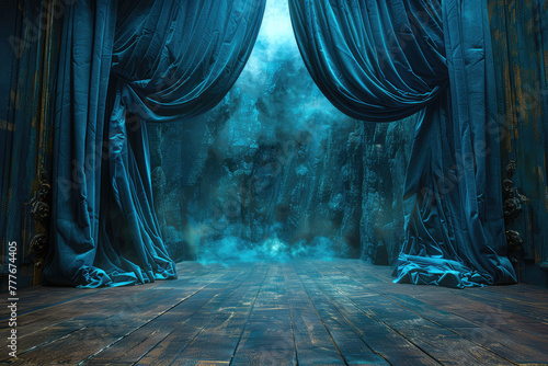 The stage curtain is blue in color, and the background wall of dark gray wood flooring. The entire scene creates an atmosphere filled with mystery and anticipation for an opera performance.