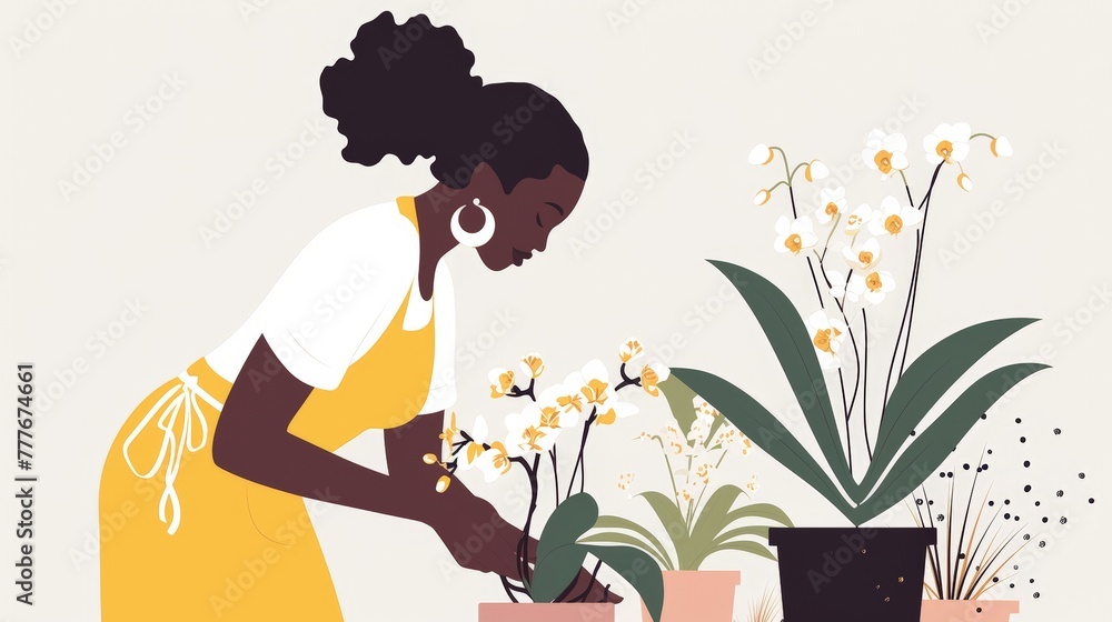 Black Woman Caring for Orchids in Minimal Illustration Generative AI Black Woman Caring for Orchids in Minimal Illustration Generative AI