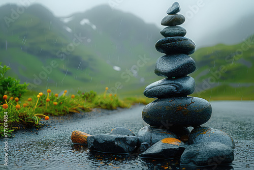  A photo of a stack of stones in the rain stacked on top of each other. In the background is a mountain landscape. Created with Ai