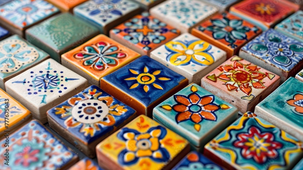 Richly Decorated Talavera Tiles Displaying an Array of Traditional Mexican Floral Patterns