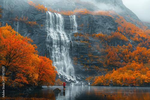 Waterfall in autumn, beautiful view. Created with Ai