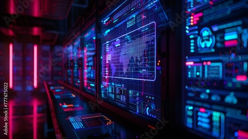Futuristic Server Room with Glowing Screens Displaying World Map and Cryptocurrency Data