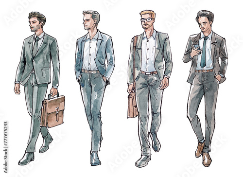 Watercolor and ink line drawings of businessmen walking © weeramix
