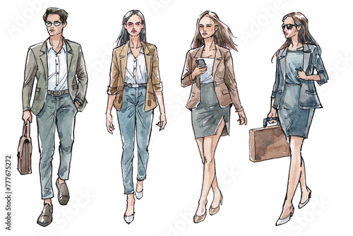 Watercolor and ink line drawings of business men and women walking © weeramix