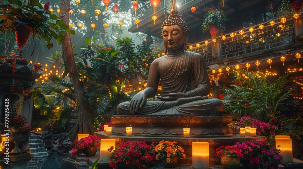 Buddha statue in a tranquil garden with cascading lights and lush greenery reflecting in a serene pond