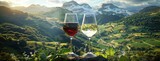 two wine glasses, one filled with red and the other with white wine, set against the backdrop of majestic mountains and lush nature, creating a photo-realistic oasis of relaxation.