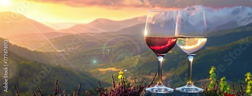 two wine glasses, one filled with red and the other with white wine, set against the backdrop of majestic mountains and lush nature, creating a photo-realistic oasis of relaxation.