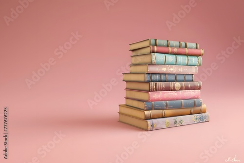 Stack of old books, creative pastel pink and blue composition with copy space