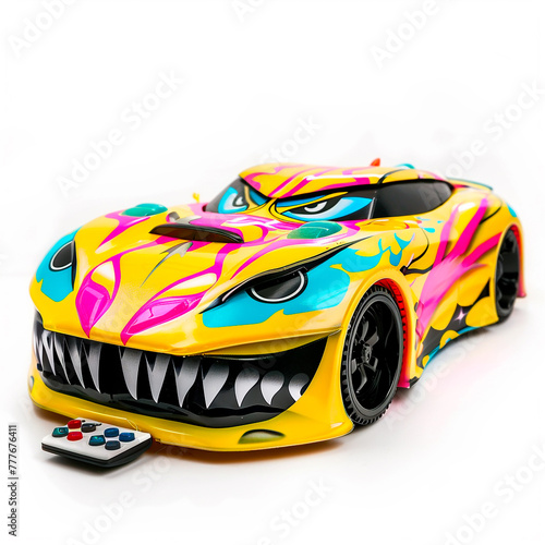 Toy sports car painted with a monster face. The car is yellow with pink and blue, and the graphics are enhanced so that you can see a drawn face with evil eyes and sharp teeth. 3D rendering concept.