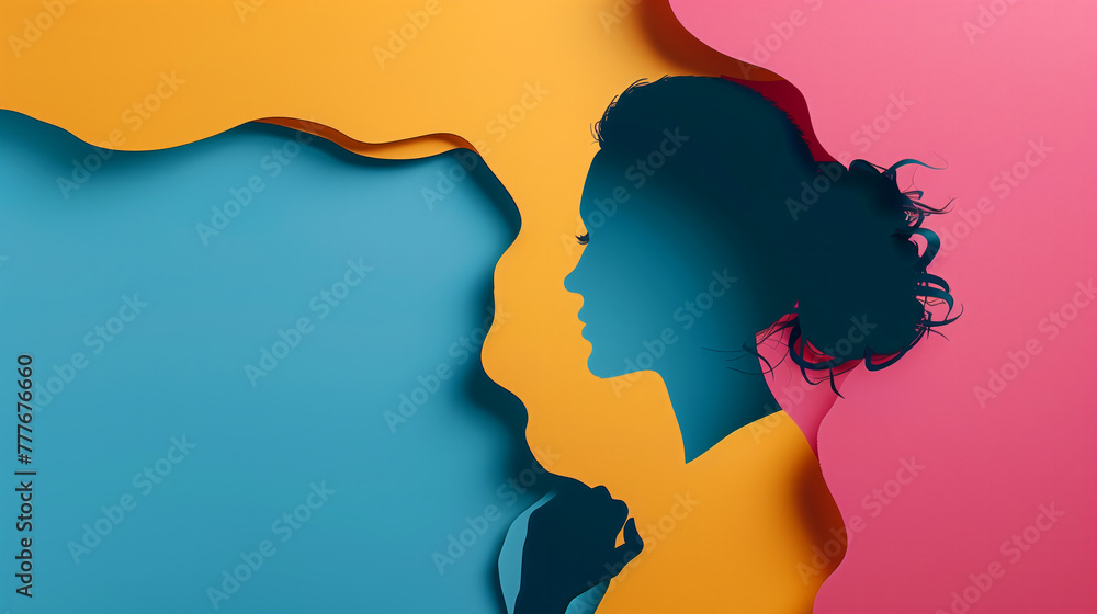 A woman's face is cut out of a piece of paper and is surrounded by a colorful background.poster with Girl face poster for feminism, independence, freedom, empowerment, activism for women right