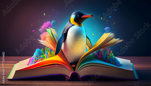 Mystical Penguin Emergence from a Colorful Storybook photo
