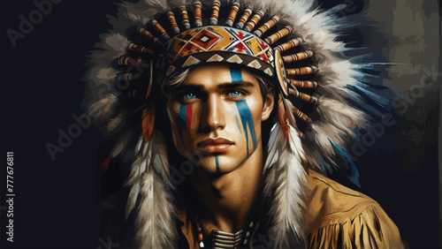 abstract painting of a Western-style young man with painted skin wearing a tribal headdress