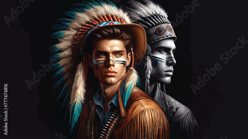 abstract painting of a Western-style young man with painted skin wearing a tribal headdress