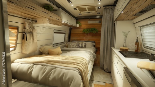 a camper van built on the latest chassis, featuring an open RV bedroom and home design idea adorned with varying wood grains and European cream style decoration.