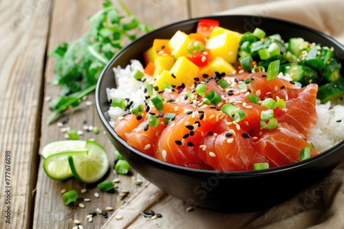 Hawaiian poke, fish, rice, vegetables, tropical leaves, flowers, space for text