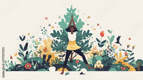 Serene Yoga Beneath Cypress Tree: Mixed-Race Woman's Affirmation Generative AI photo