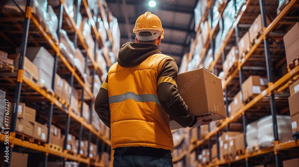 A handsome male worker wearing a hard hat carrying boxes turns back and forth through a retail warehouse full of shelves—a professional worker working in logistics and distribution centers.