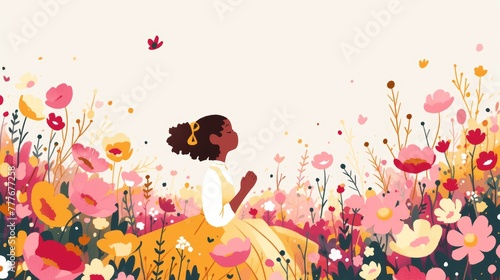 Mixed-Race Woman Admiring Cosmos Flower Field Aesthetic Illustration Generative AI photo