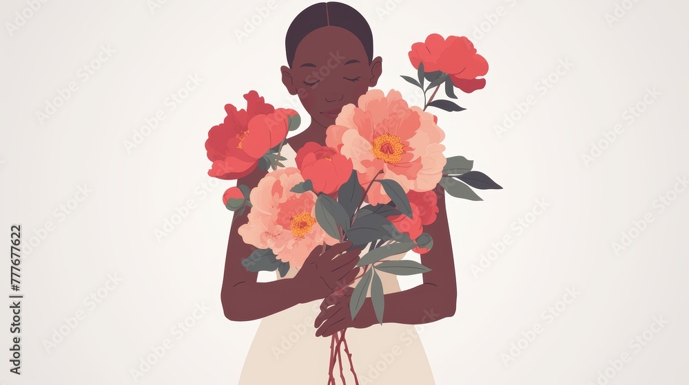 Aesthetic Illustration of a Black Woman Holding Peonies Bouquet Generative AI Aesthetic Illustration of a Black Woman Holding Peonies Bouquet Generative AI
