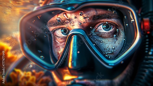 The face of a male scuba diver in a mask and diving suit scuba diving underwater. Close view. non-existent person.