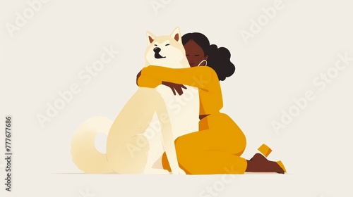 Affectionate Moment: Black Woman Embracing Loyal Companion Dog, Minimal Illustration Generative AI