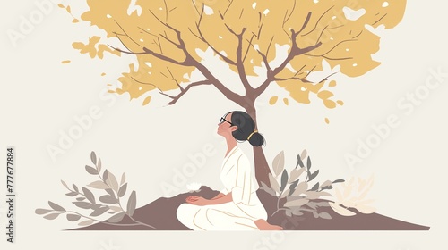 Asian Woman Meditating Under Banyan Tree Generative AI