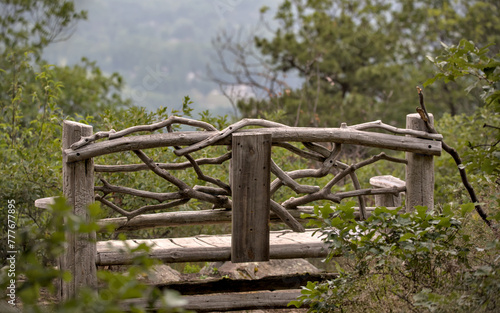 ornate woven wood bench at a hike overlook (hiking trail view point) wooden seat in forest, nature hike clearing forest woods (beautiful mountain vista view) sharon's