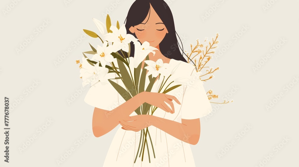 Serene Affirmation: Asian Woman with Lily Bouquet Generative AI Serene Affirmation: Asian Woman with Lily Bouquet Generative AI