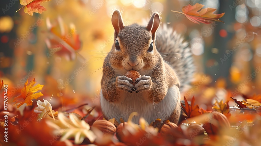 A squirrel is busy gathering nuts for winter, surrounded by a carpet of golden and red leaves in the autumn forest.