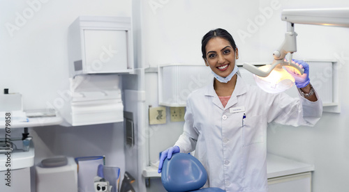Dentist, portrait and woman by xray machine with smile for mouth care, dental health and service. Medical professional, happy and equipment in office for oral hygiene, dentistry and examination