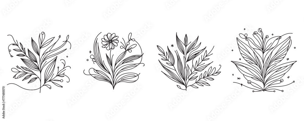 set flowers in one continuous line. vector graphics of a delicate flowers in one line