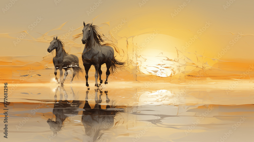 Fototapeta premium horse on the beach, silhouettes against a golden canvas. Horses, guardians of open spaces, breathe life into the landscape