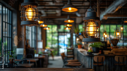 Cozy Industrial-Themed Cafe Interior with Warm Lighting