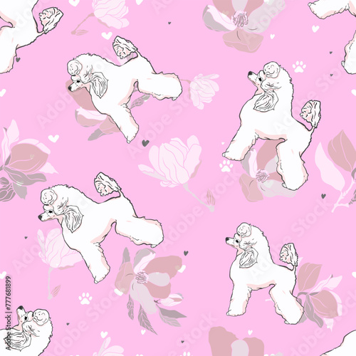 Grooming seamless illustration. Royal poodle and dog care products. Pattern for the groomer