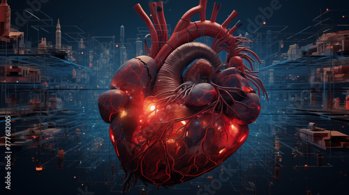 A human heart, intricately illustrated, pulsates at the nexus of a vast data network. Medical data streams converge, weaving a tapestry of connected health information. photo