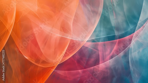 Abstract flowing curves in red and blue gradient on transparent background.
