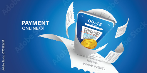 Bill of expenses is on mobile phone.Pay bills with mobile phone.Online shopping spending.Online shopping via smartphone.Bill payment flat isometric vector concept of mobile payment, shopping, banking.