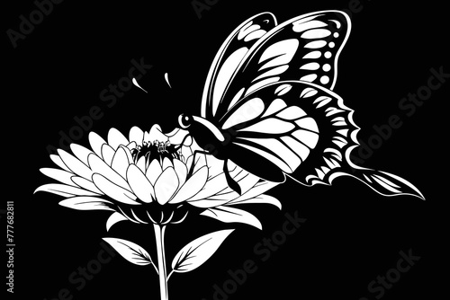 A butterfly delicately perches on the bud of a stunning chrysanthemum, showcasing photorealism with hyper-detailed precision
