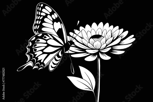 A butterfly delicately perches on the bud of a stunning chrysanthemum, showcasing photorealism with hyper-detailed precision