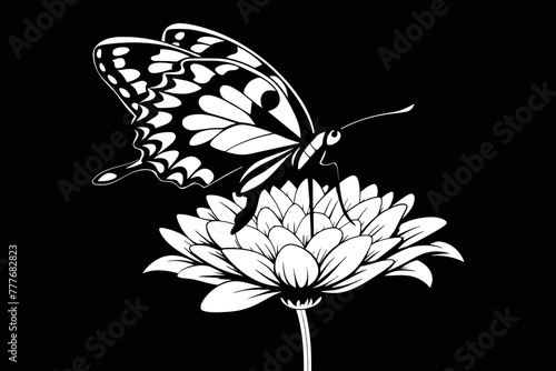 A butterfly delicately perches on the bud of a stunning chrysanthemum, showcasing photorealism with hyper-detailed precision