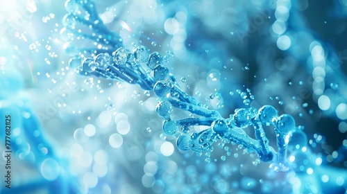 Detailed DNA double helix illustration with glowing blue particles.