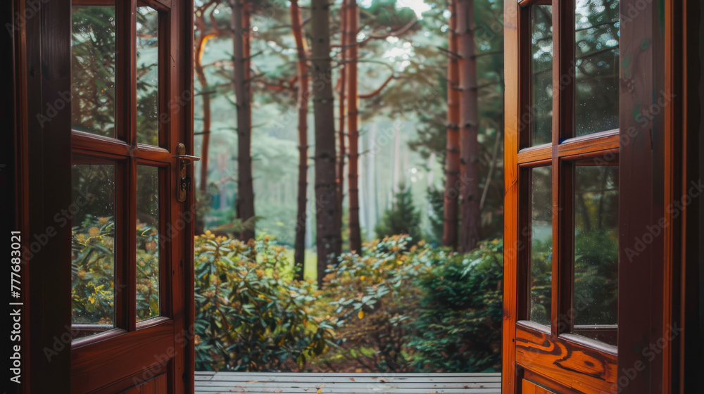 View from the porch of the house from the open doors to the forest. View from the porch of the house from the open doors to the forest.