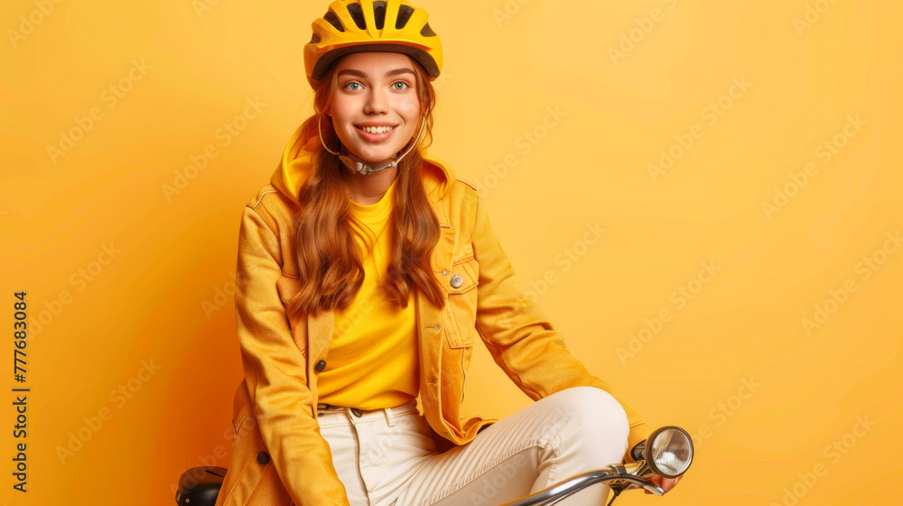 Cheerful Cyclist.Smiling Woman in Yellow Jacket and Helmet Riding Bicycle