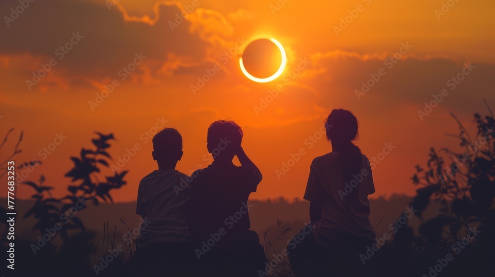 Family interaction during solar eclipse. Eclipse observation and family connection concept