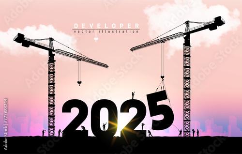 Vector silhouette of construction worker with crane and sky for preparation of welcome 2025 New Year party and change new business. Businessman engineer looking 2025 blueprint in a building site.