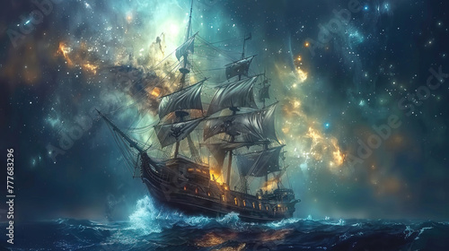 A majestic galleon sails through a cosmic sea of stars and nebulae, charting a course through the celestial wonders of outer space.