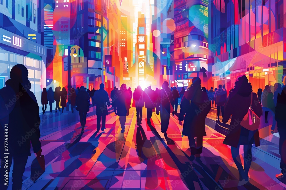 Illustrated scene of a metropolitan street awash with sunset colors and silhouetted figures.
