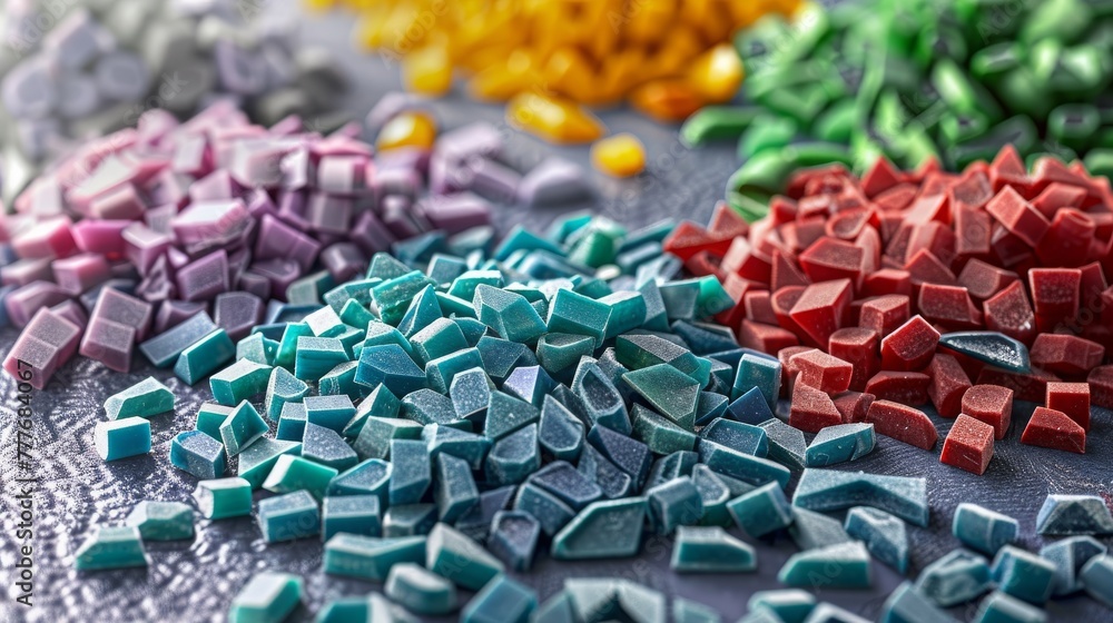 Recycled crushed plastic granules turned into new reused material. Plastic crossover. Recycled plastic with mixed colors. Recycled crushed plastic granules turned into new reused material. Plastic crossover. Recycled plastic with mixed colors.