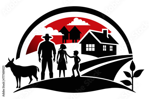 A logo depicting a family and animals in a countryside setting near two rural accommodation houses for tourists 