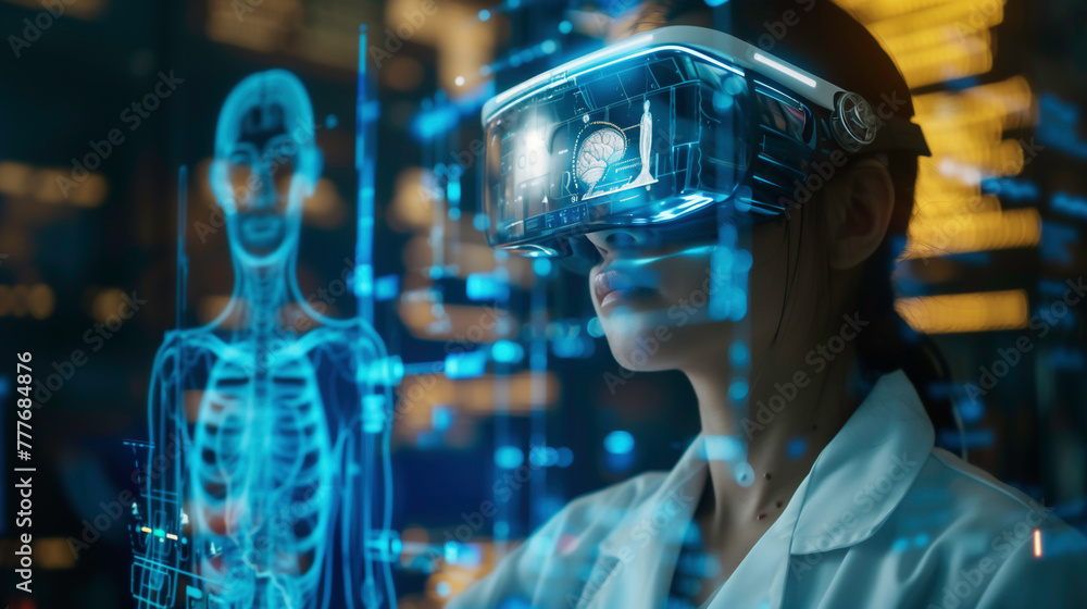Doctor wearing VR futuristic augmented reality glasses and examining human body on high-tech digital screen, future medical technology.